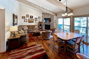 TV, fireplace, DVD player, books