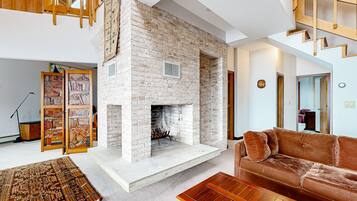 平板电视、壁炉、DVD 播放器、书