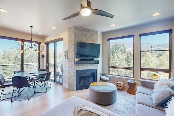 Flat-screen TV, fireplace, stereo