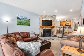 TV, fireplace, DVD player, books