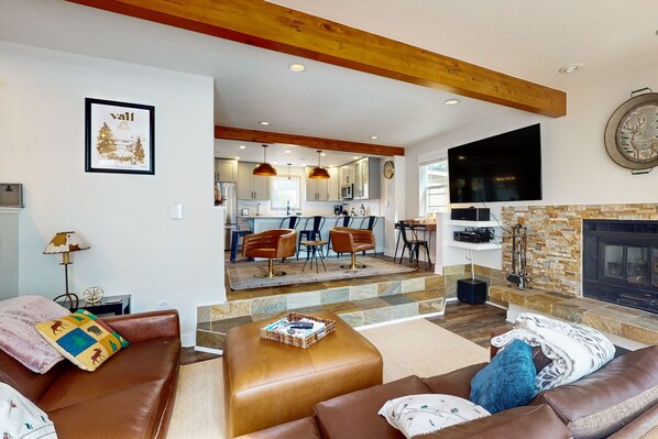 TV, fireplace, books, stereo - Elegant Mountain Retreat | Upscale Kitchen, Heated Floors, Fireplace, Hot Tub (Avon)