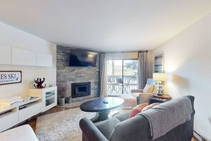 Televisión de pantalla plana, chimenea, reproductor de DVD y estéreo 