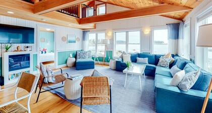 Dazzling ocean-view house with fireplace, deck, firepit, central AC, & W/D