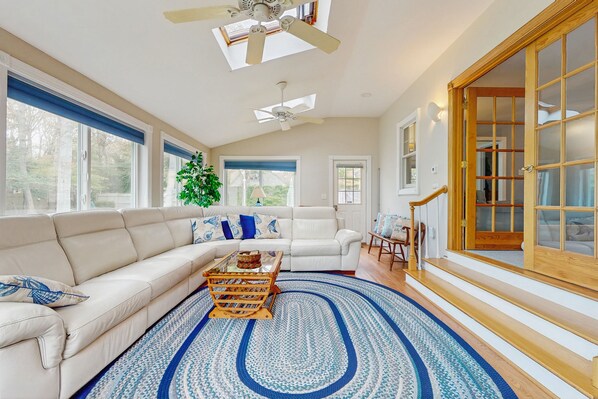 TV, fireplace, DVD player - Expansive Getaway w/ Fenced Yard, Outdoor Shower & Private Neighborhood Beach (Hyannis)
