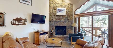 TV, lareira, aparelho de som