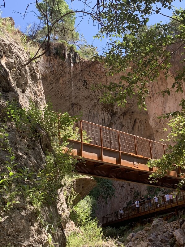 A metal bridge with railings spanning a rocky gorge. - Entire Home! Big Style, Big Views, Great Location! (Pine)