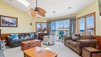Smart TV, fireplace, foosball, books