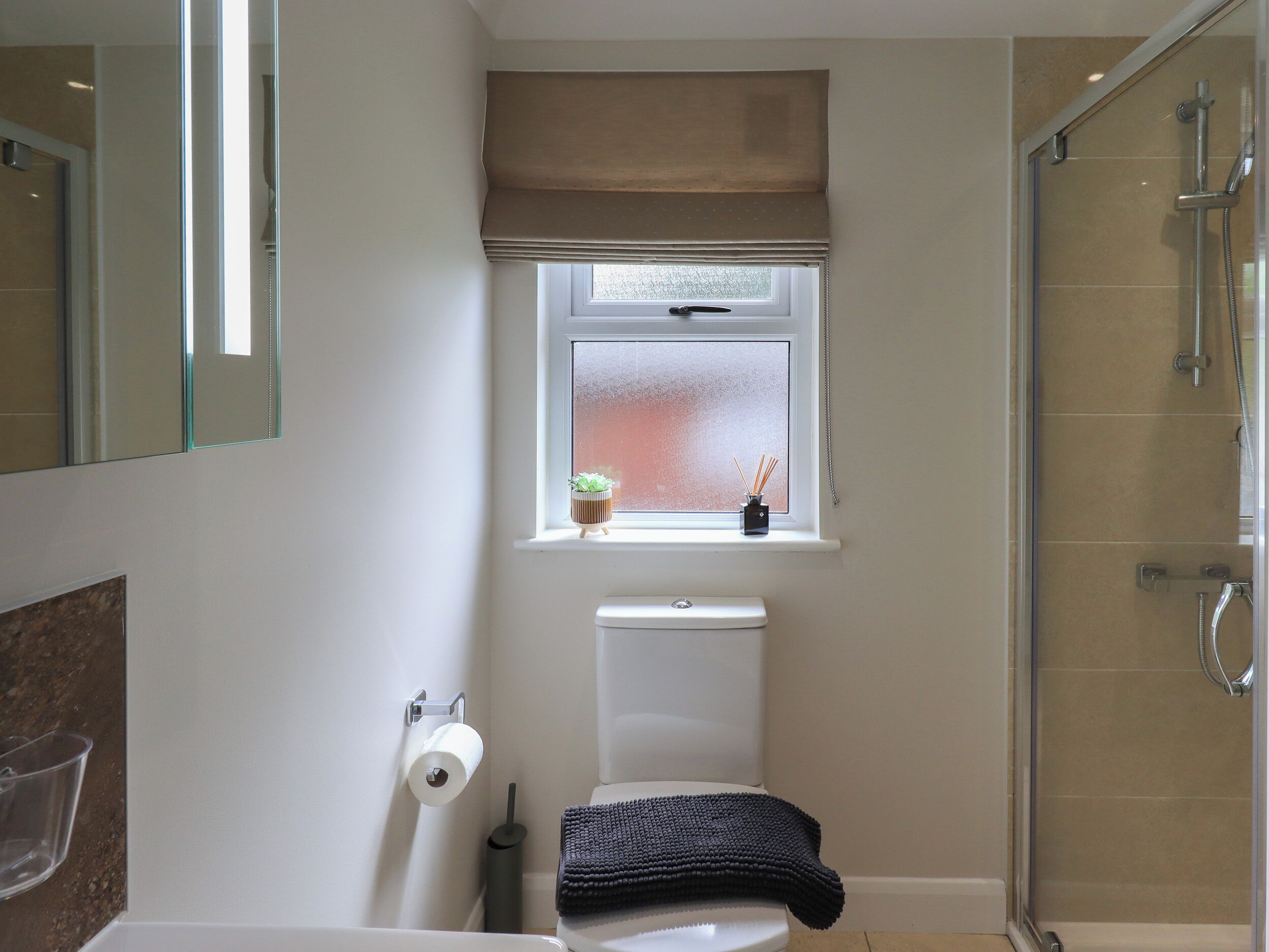 A bathroom with a toilet, a window with a plant, a shower, and a mirror.
