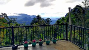 A balcony with potted plants and a view of a mountainous landscape.