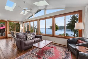 TV, fireplace, books