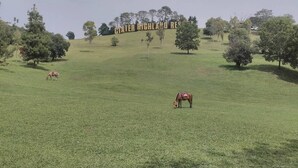 A grassy field with trees and a sign that reads "Center Highland Resort." - Tempat Nginap 2BR Ciater Highland Resort (Ciater)
