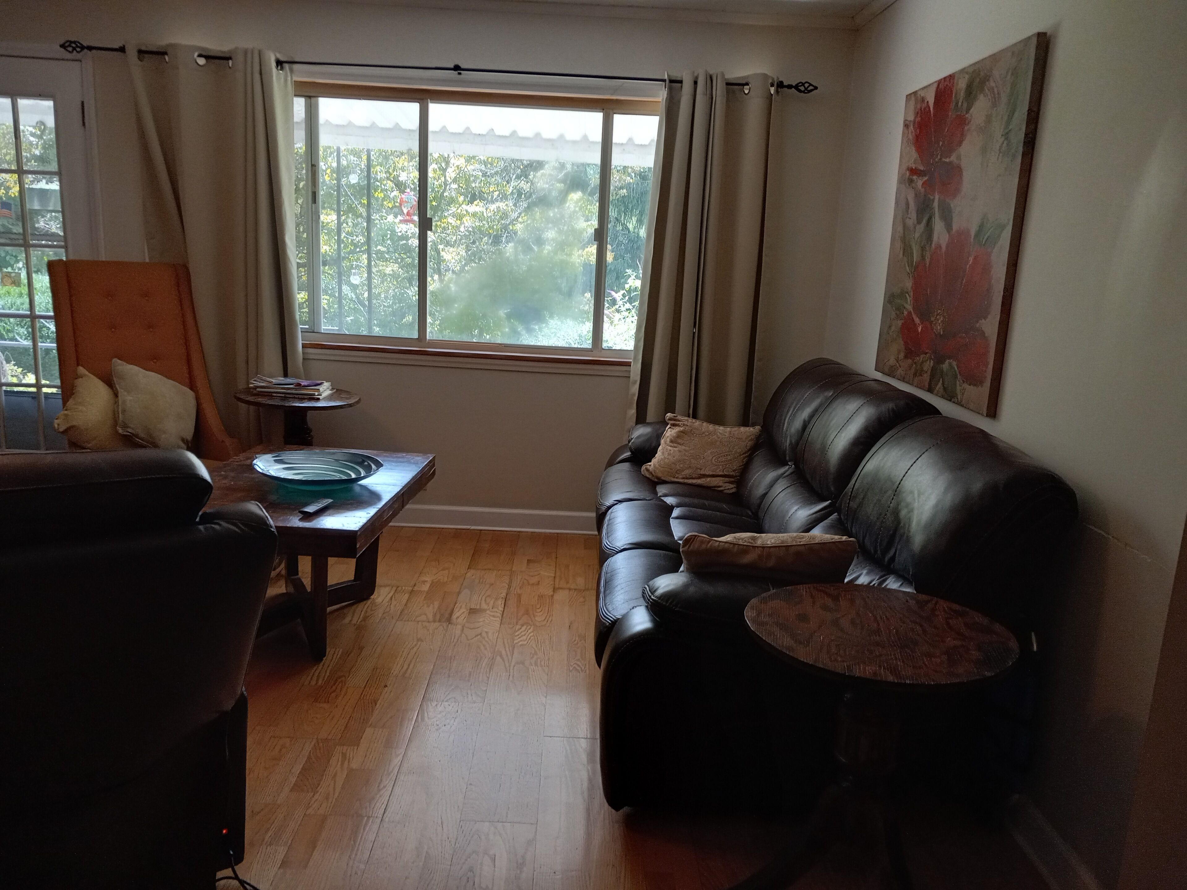 Smart-TV, peis, bøker og stereoanlegg