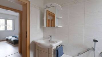 Duschwanne, Haartrockner, Handtücher