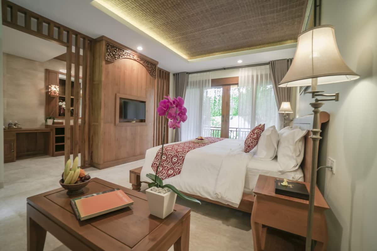 Habitación de hotel con una cama, mesitas de noche, televisión, escritorio con silla, lámpara y planta.