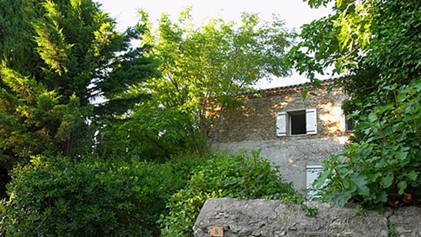 Un edificio in pietra con una finestra e un'entrata, circondato da fitta vegetazione.