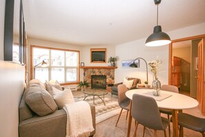 TV, fireplace - 2BR | Crystal Forest | Ski-In/Ski-Out | Fireplace | Private Hot Tub | Steps to the Village (Sun Peaks)