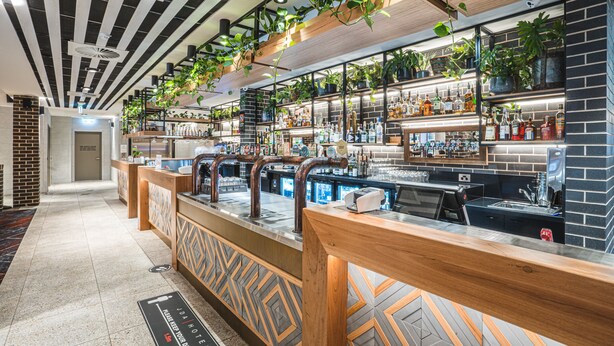 Uma área de bar com balcão, prateleiras de garrafas e plantas penduradas.