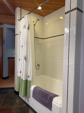 Combined shower/tub, hair dryer, towels, soap