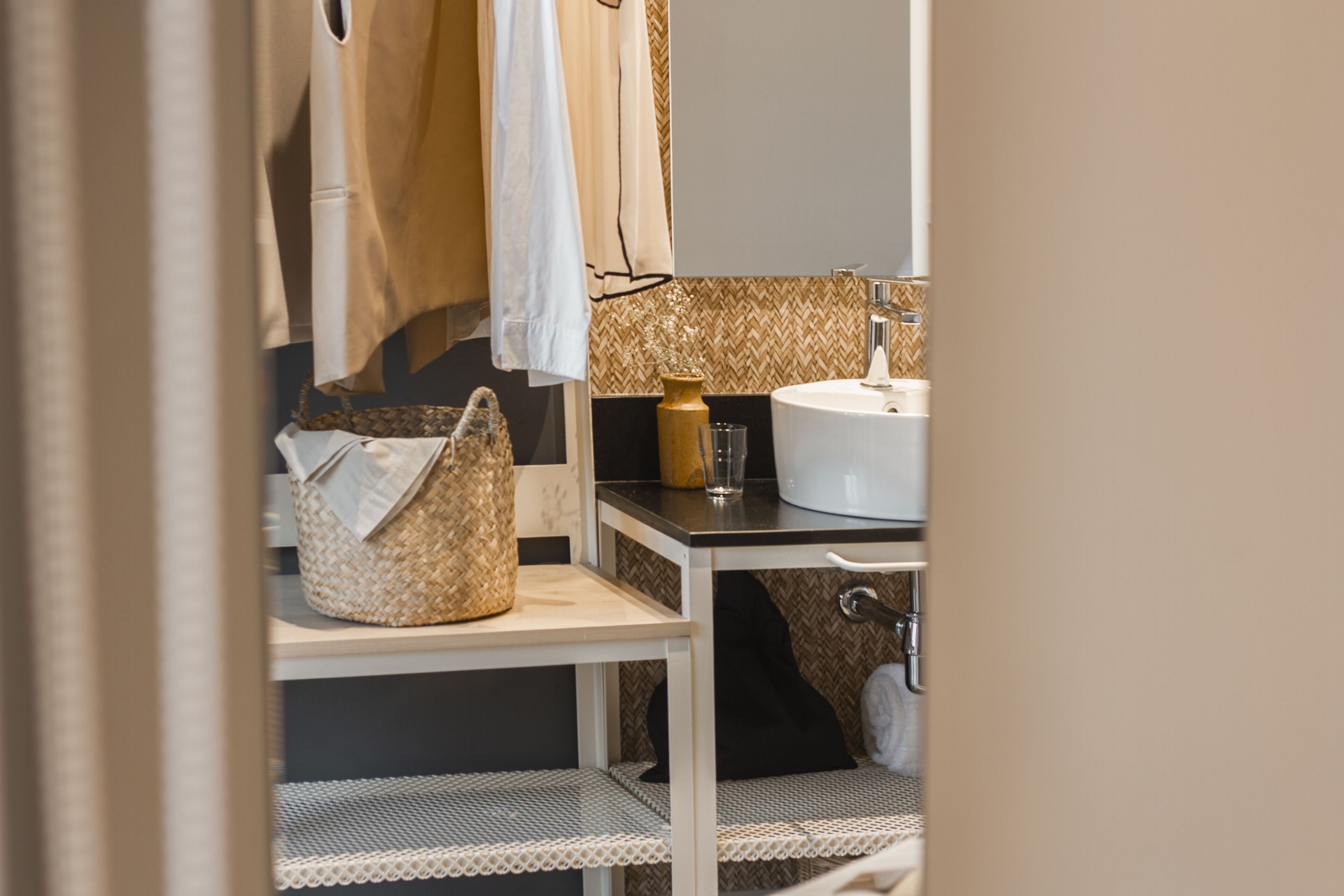 shower, rainfall showerhead, hair dryer, towels