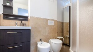 Shower, hair dryer, bidet, towels