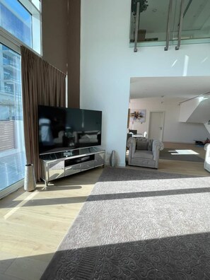 A spacious living room with a large flat-screen TV on a metallic stand, a patterned rug, and a modern sofa.