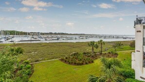A marina with boats docked, a pier extending into the water, and a grassy area with palm trees. - Breathtaking Views of the Inter-coastal Waterway (Saint Simons Island)