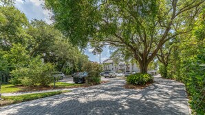 A paved driveway leading to a residential area with parked cars and lush greenery.