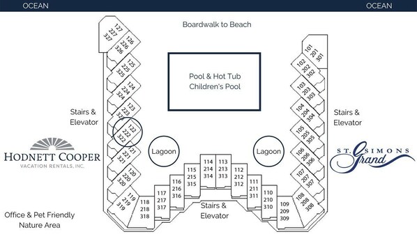 A floor plan of a hotel with a boardwalk to the beach, a pool and hot tub, children's pool, and a nature area.