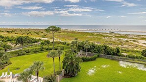 Un paysage côtier avec une zone herbeuse, des palmiers et une plage en arrière-plan.