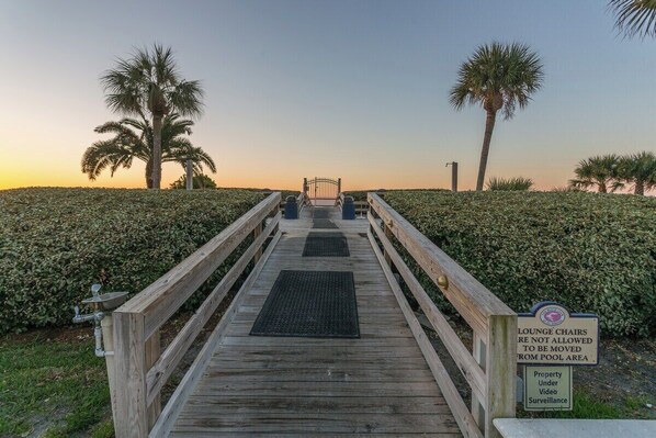 A wooden boardwalk leading to a pool area with lounge chairs, palm trees, and a sign indicating no moving of lounge chairs from the pool area.