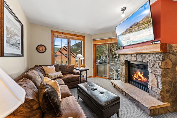 TV, fireplace, books