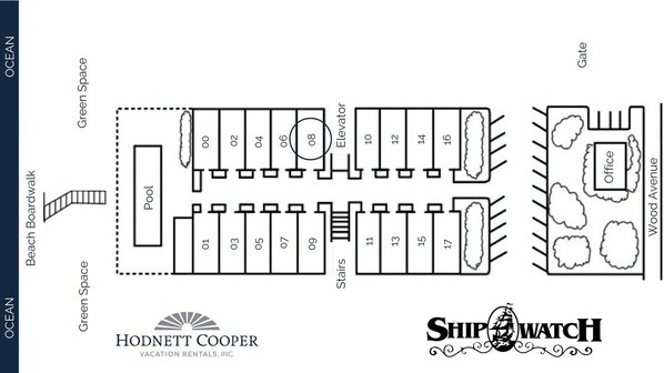 A floor plan of a vacation rental with a pool, beach boardwalk, green spaces, and an office. - Bring Your Pet to The Beach! Oceanfront Condo (Saint Simons Island)