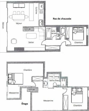 A hotel floor plan with a living room, kitchen, bathroom, and two bedrooms. - Ski-in/ski-out & foot of the slopes, 4th floor, view mountain/ski slopes, balcony (Méribel - Les Allues)