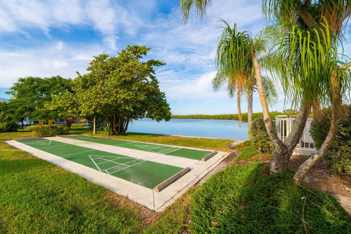 A shuffleboard court with a water body and trees in the background.