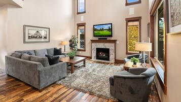 TV, fireplace, table football