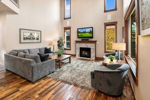 TV, fireplace, table football