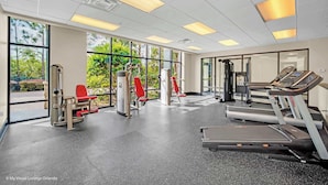 Une salle de sport équipée de matériel d’exercice, dotée de grandes fenêtres et offrant une vue sur la verdure.