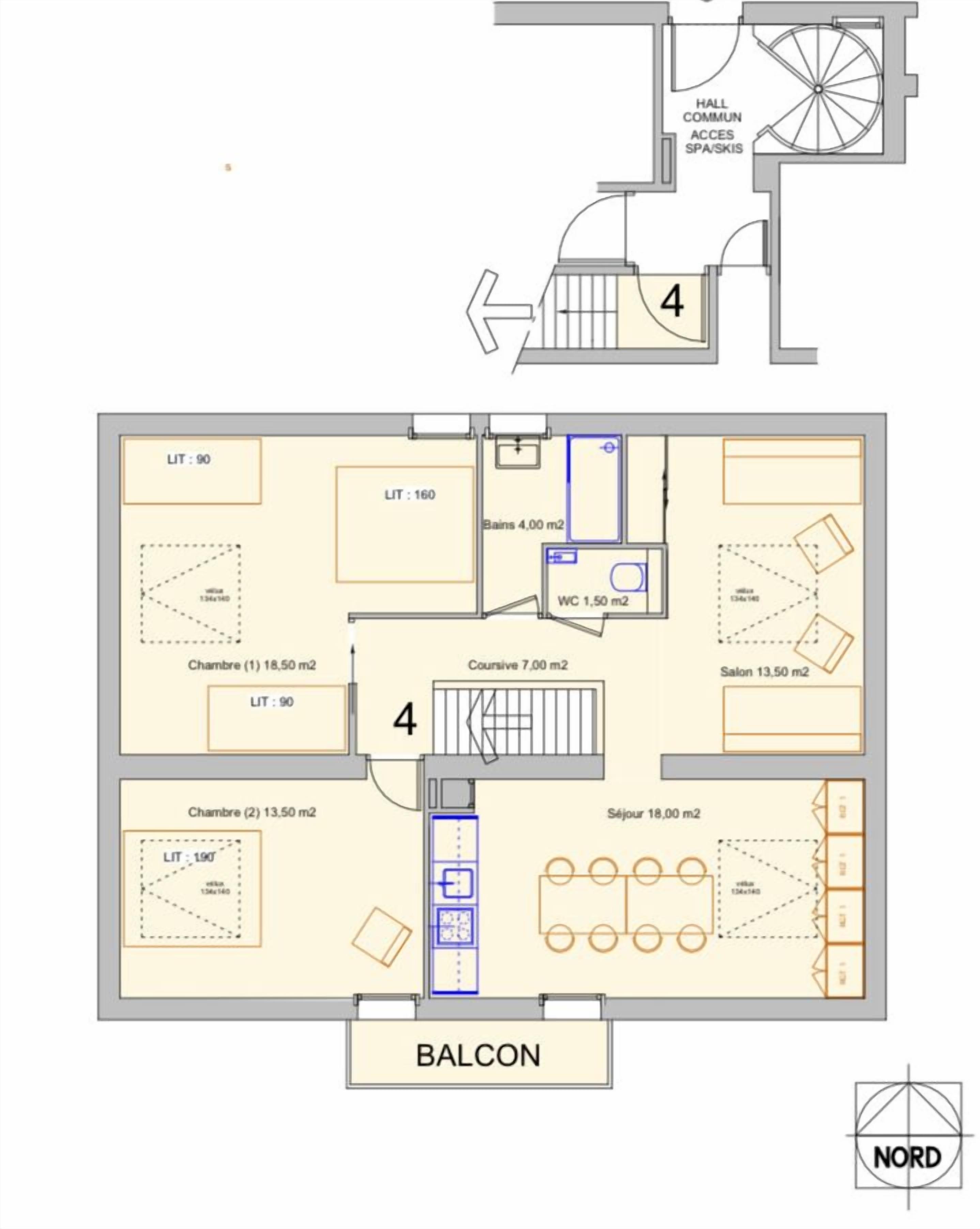 A floor plan of a hotel with a balcony, two bedrooms, a bathroom, a living room, a dining area, and a kitchen.
