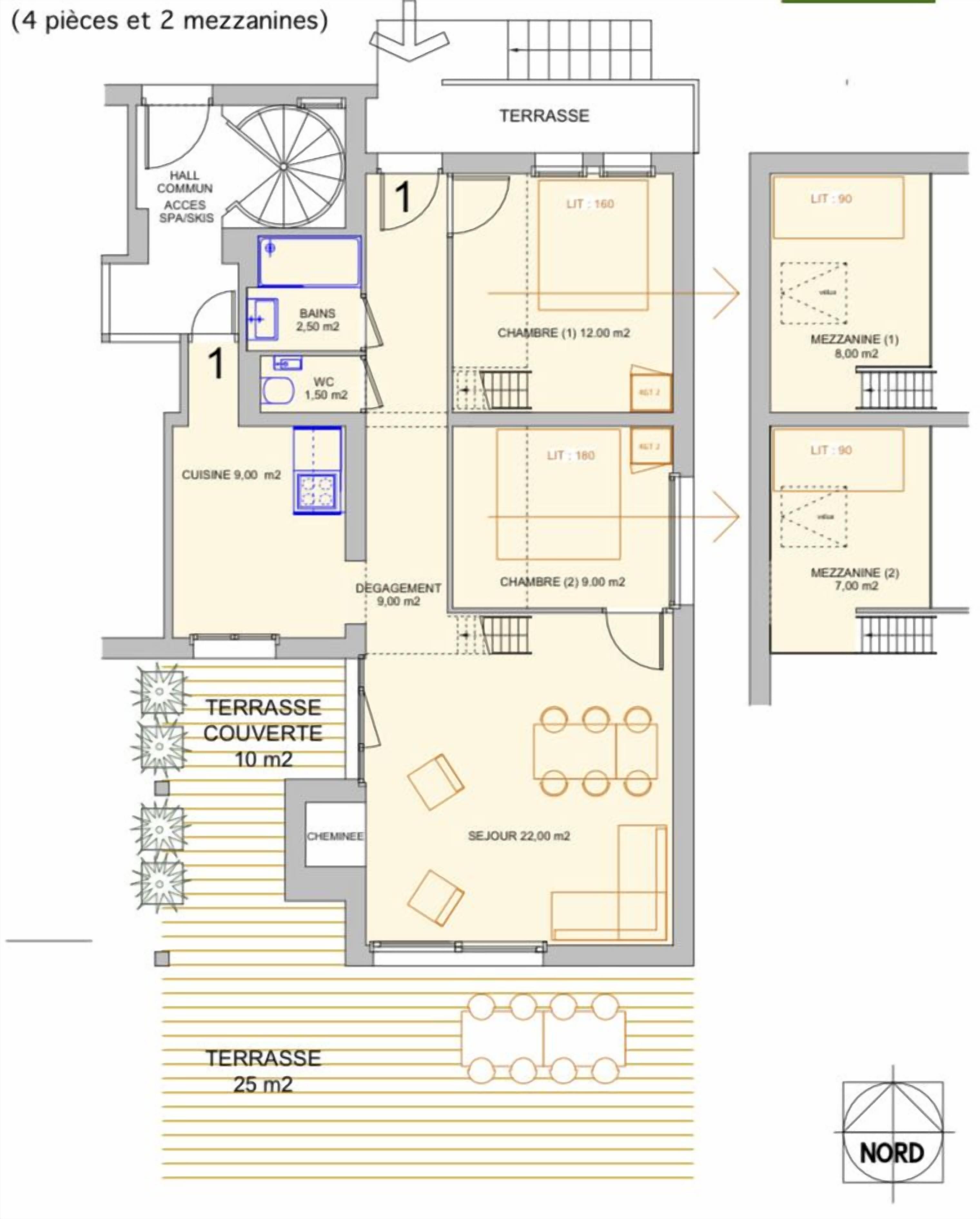 A floor plan of a hotel with 4 bedrooms and 2 bathrooms.