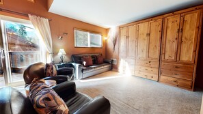 Studio | Living room | Smart TV, fireplace, DVD player - Mammoth View Villas 3 Walk to Village Gondola, Cozy Mountain Cabin in Forest Setting by RedAwning (Mammoth Lakes)