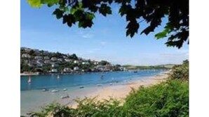 A coastal view with a beach, boats, and buildings along the shore. - Magdala - 5 BR property Sleeps 10 w/stunning views (Salcombe)