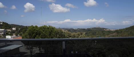 A rooftop terrace with a clear view of a hilly landscape, a flagpole, and a signboard.