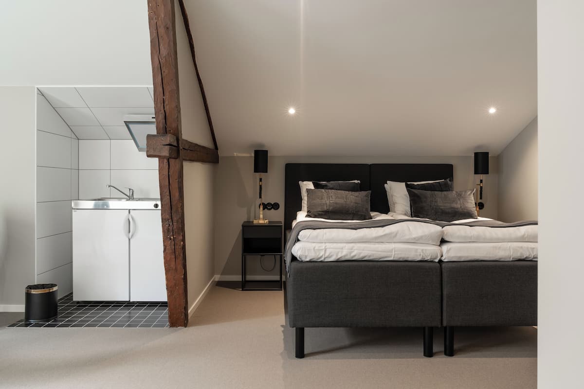 A modern bedroom with a large bed, two bedside tables, a nightstand, a built-in wardrobe, and a shower area.