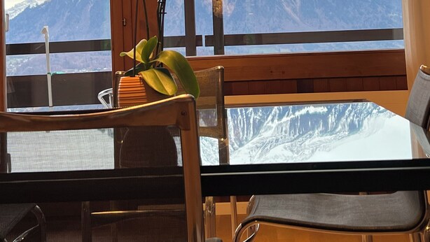 Une pièce au décor intérieur en bois, une table avec des chaises, un vase rempli de fleurs et une grande fenêtre offrant une vue sur des montagnes enneigées.