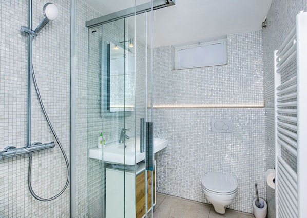 Shower, hair dryer, towels, soap