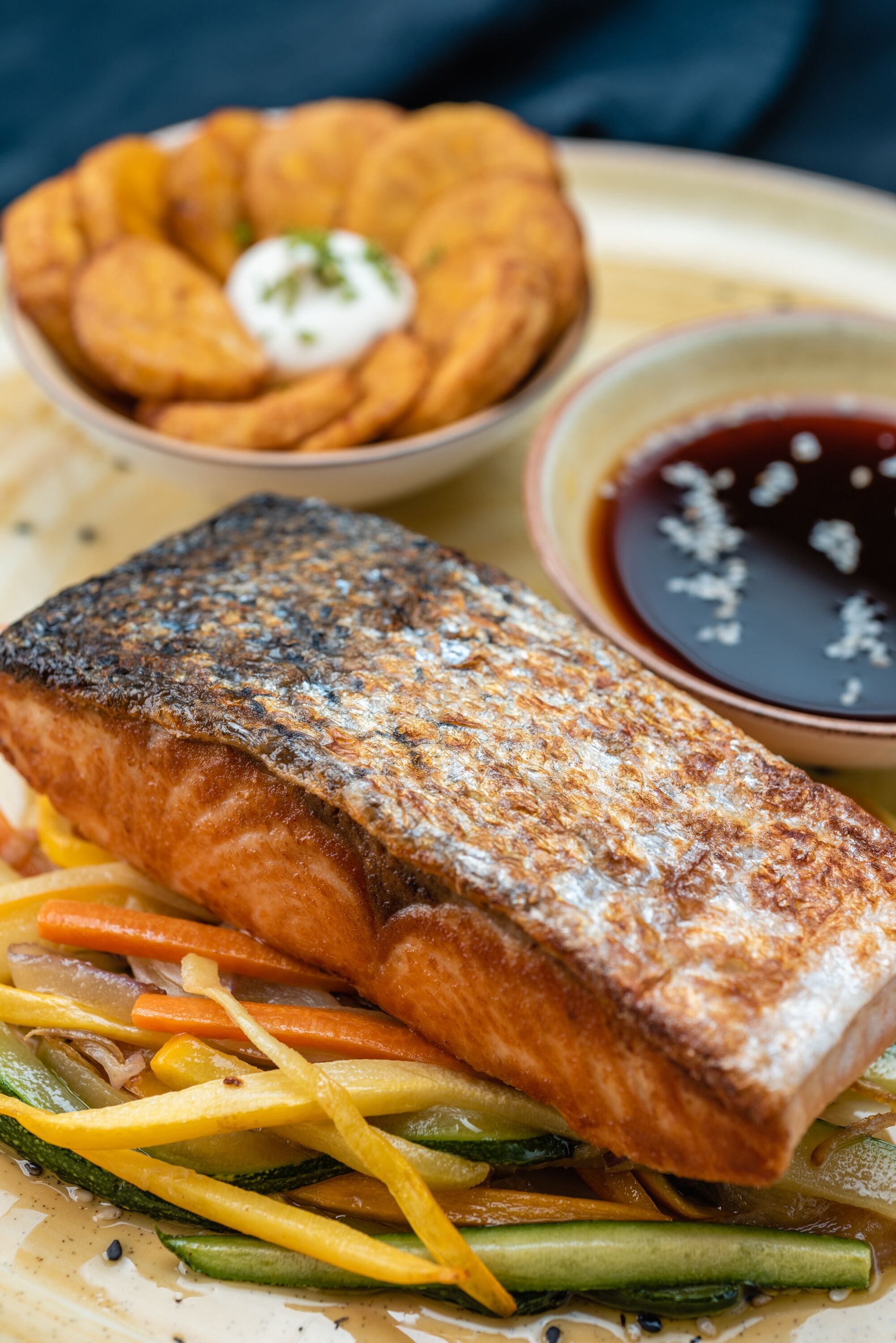 A plate with grilled salmon, sautéed vegetables, and a side of potato pancakes with sauce.