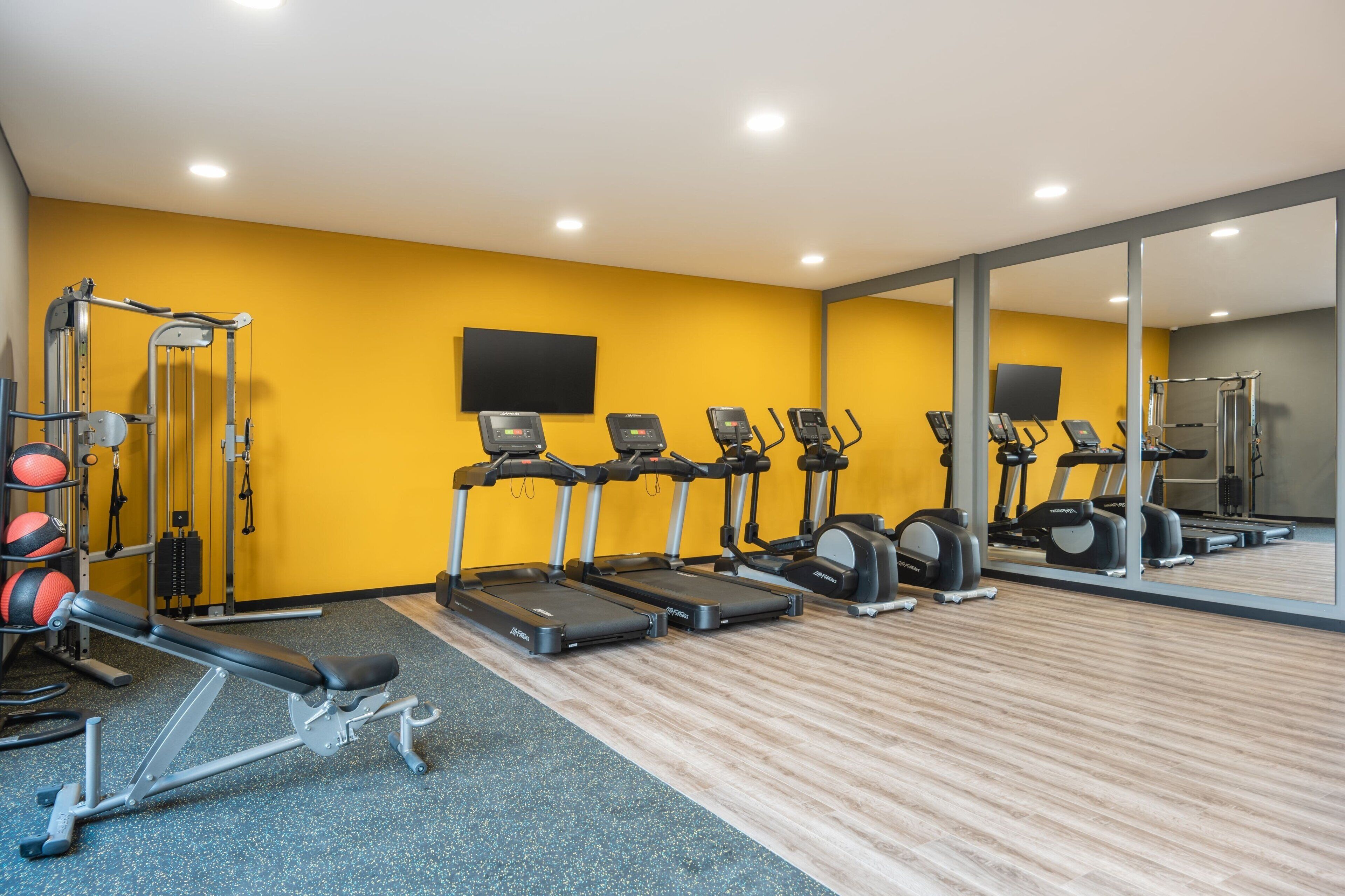 A gym with treadmills, weight machines, and a mirrored wall.