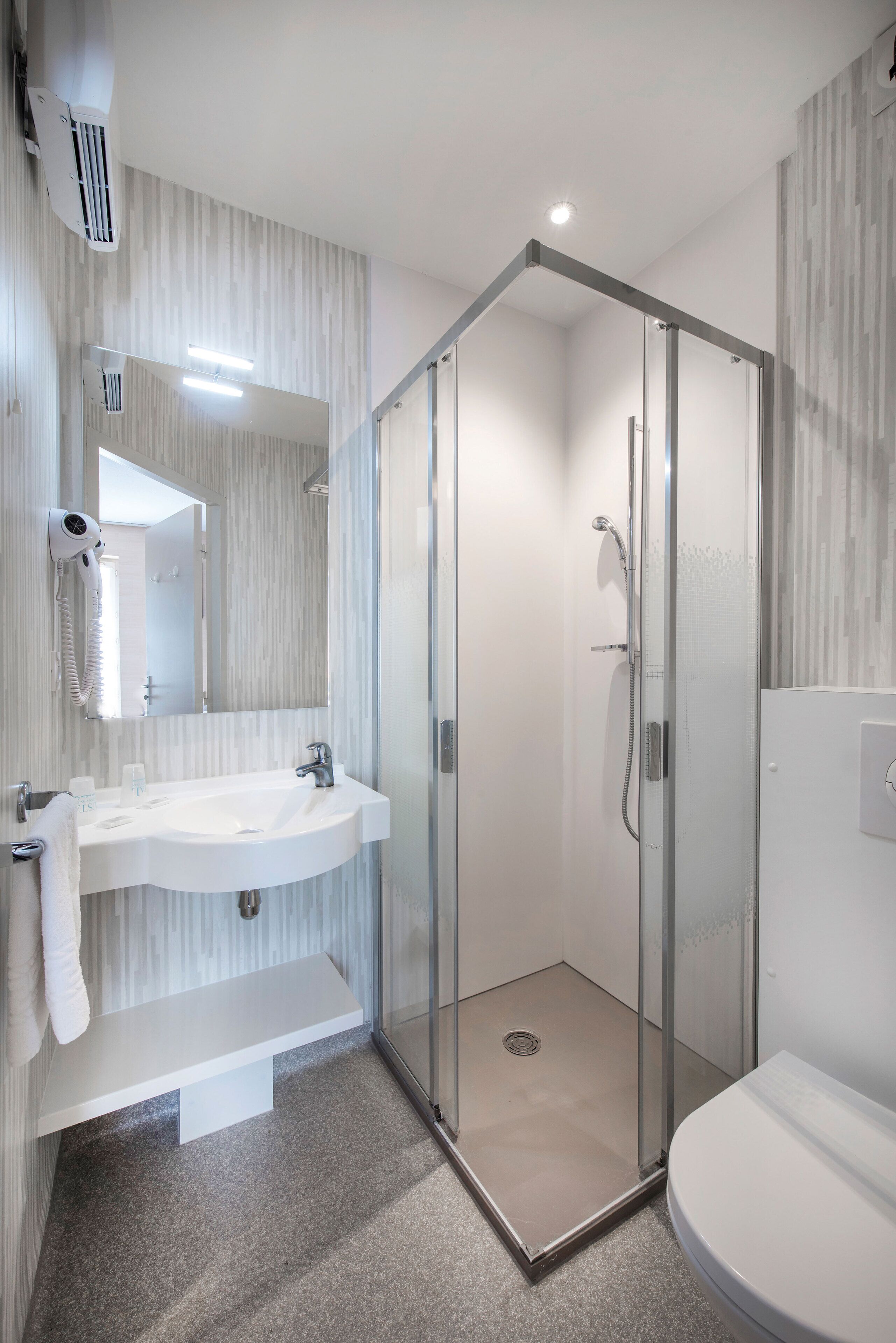 A modern bathroom with a glass-enclosed shower, a white sink, and a toilet.