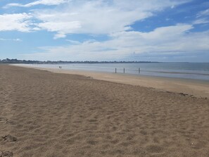 A wide sandy beach with a clear sky and a distant shoreline.