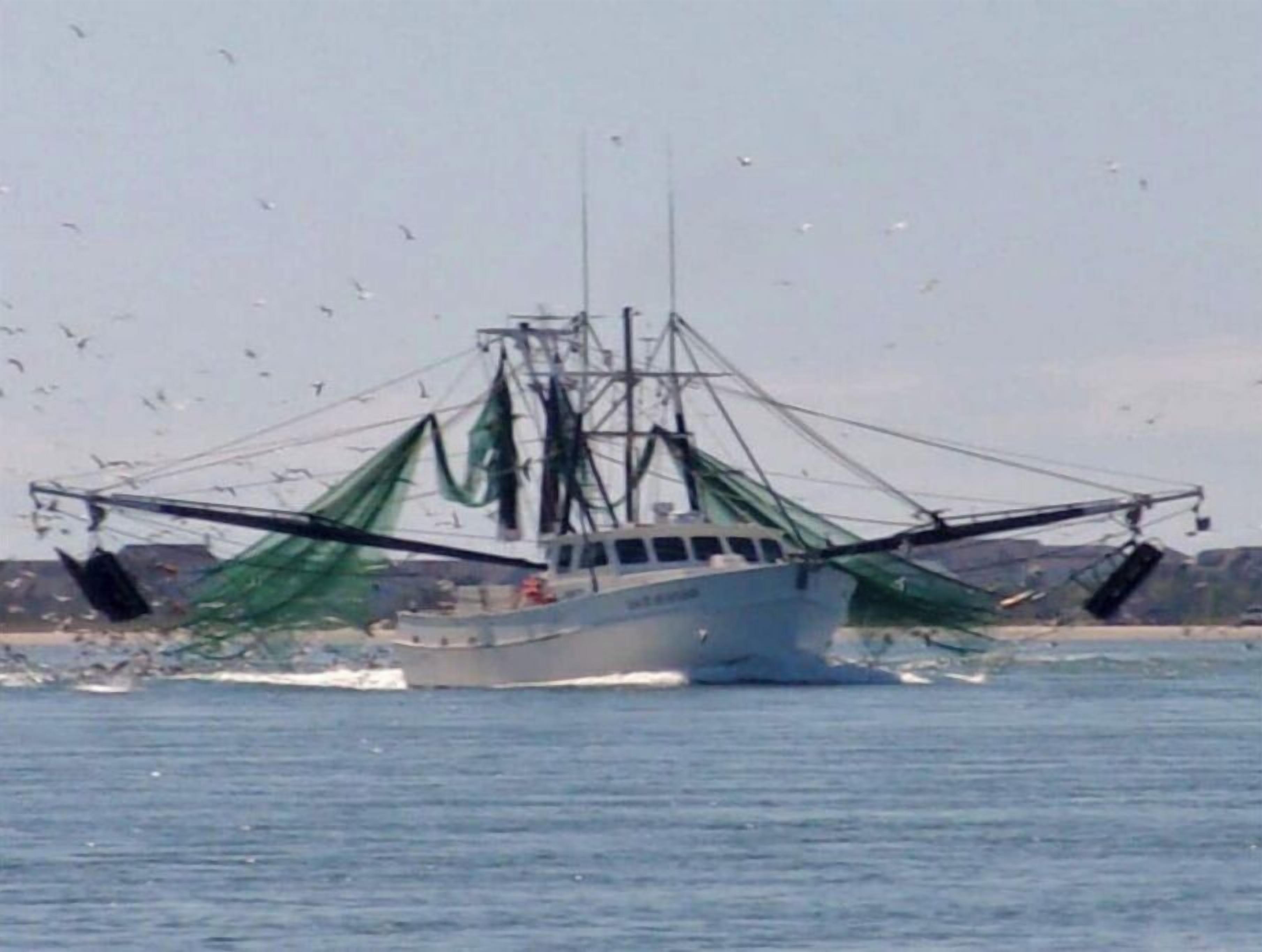 Un bote de pesca con una red en el agua.
